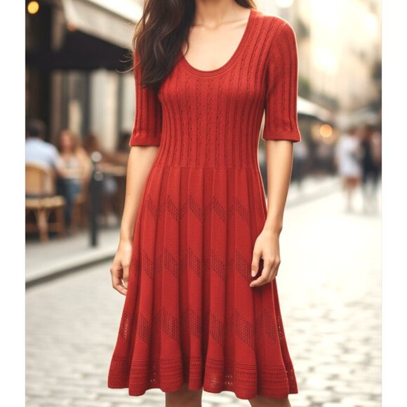 M by Missoni Dresses & Skirts - M MISSONI Burnt Orange Crochet Knit Short Sleeve Sweater Dress Size Small